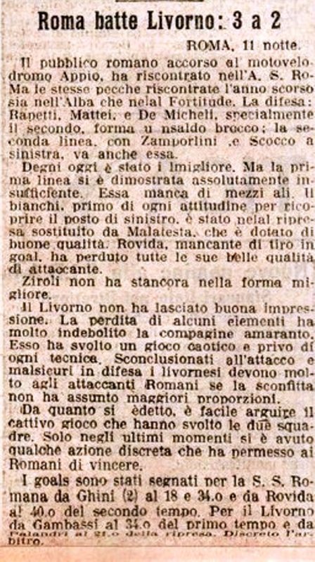 ROMA-LIVORNO 11-9-1927-ARTICOLO CORRIERE DELLO SPORT 12-9-1927